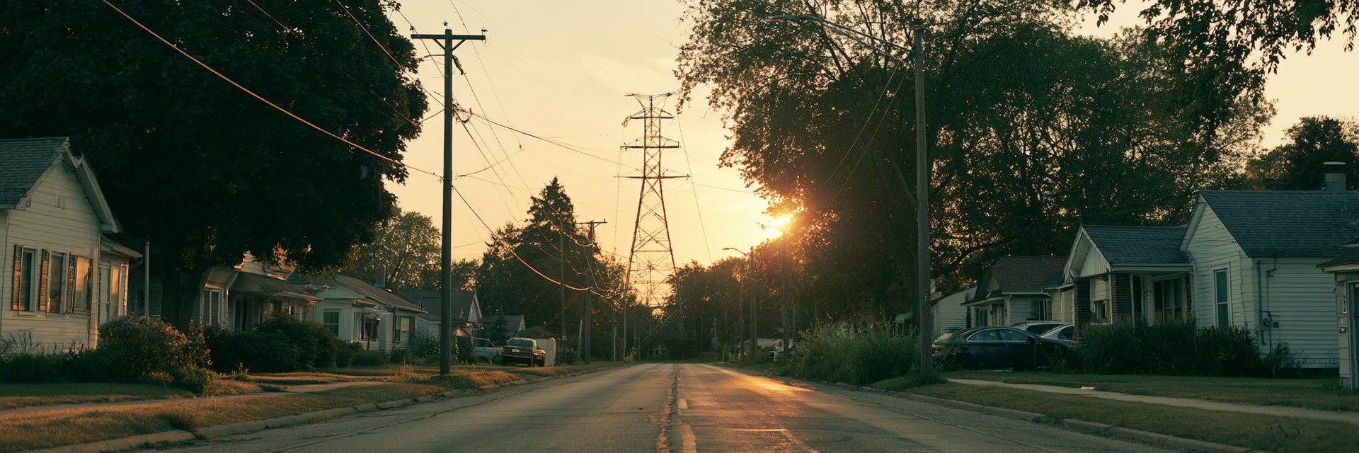 A residential street at golden hour with a high-voltage transmission tower rising beyond the treeline
